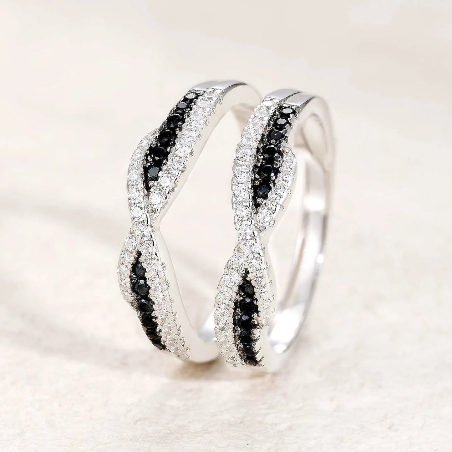 Newshe 925 Sterling Silver Black Blue White 5A Grade Cubic Zircon Wedding Ring Enhancer for Women Twist Rope Design Fine Jewelry