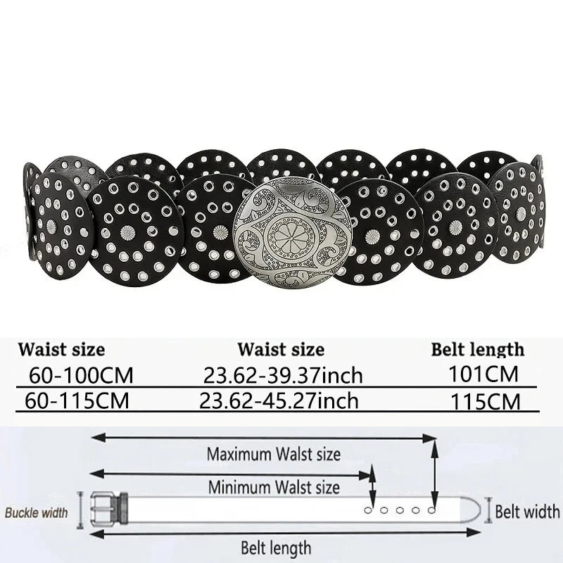 Women's Western Denim Belt High Quality Metal Hollow Ladies Trend Wide Waistband Vintage Personalized Round Belts DT148