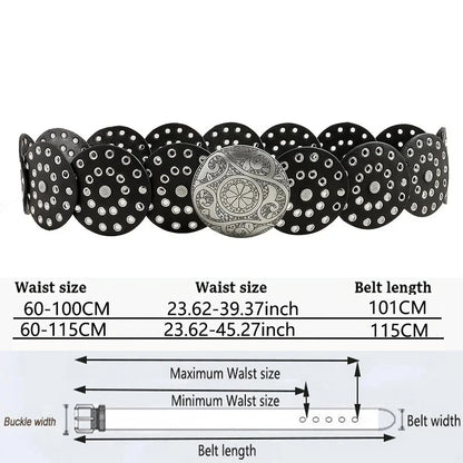 Women's Western Denim Belt High Quality Metal Hollow Ladies Trend Wide Waistband Vintage Personalized Round Belts DT148