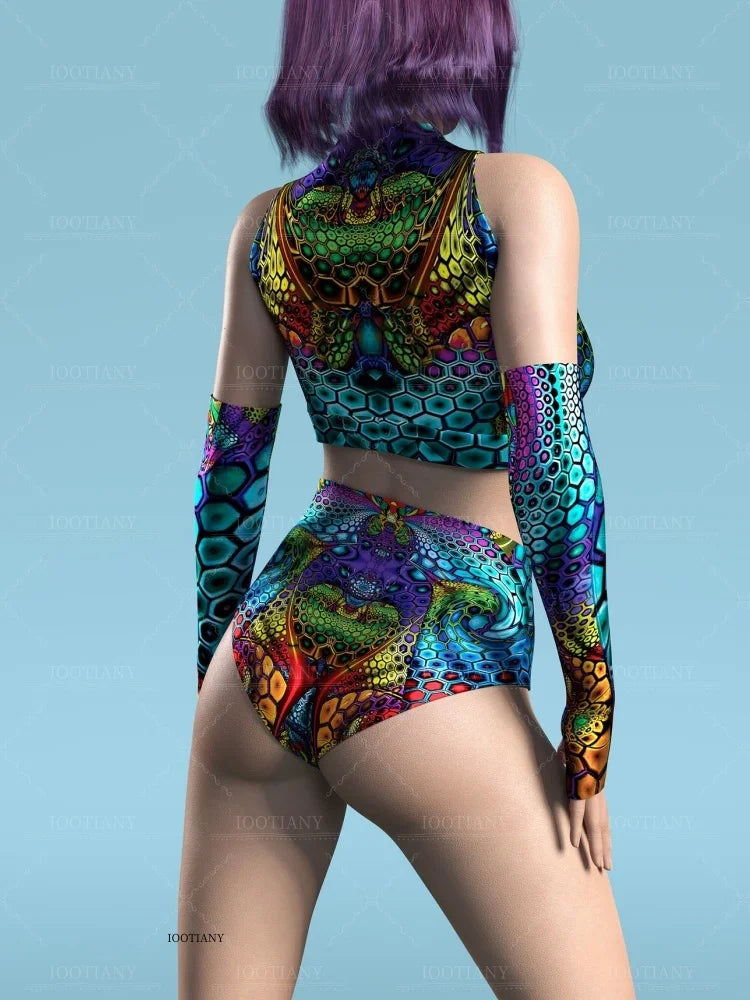 Adult Sleeveless Multicolor Role Play Bodysuit Swimsuit Women Sexy Hollow Off Shoulder Graffiti Art Bodycon Performance Costume