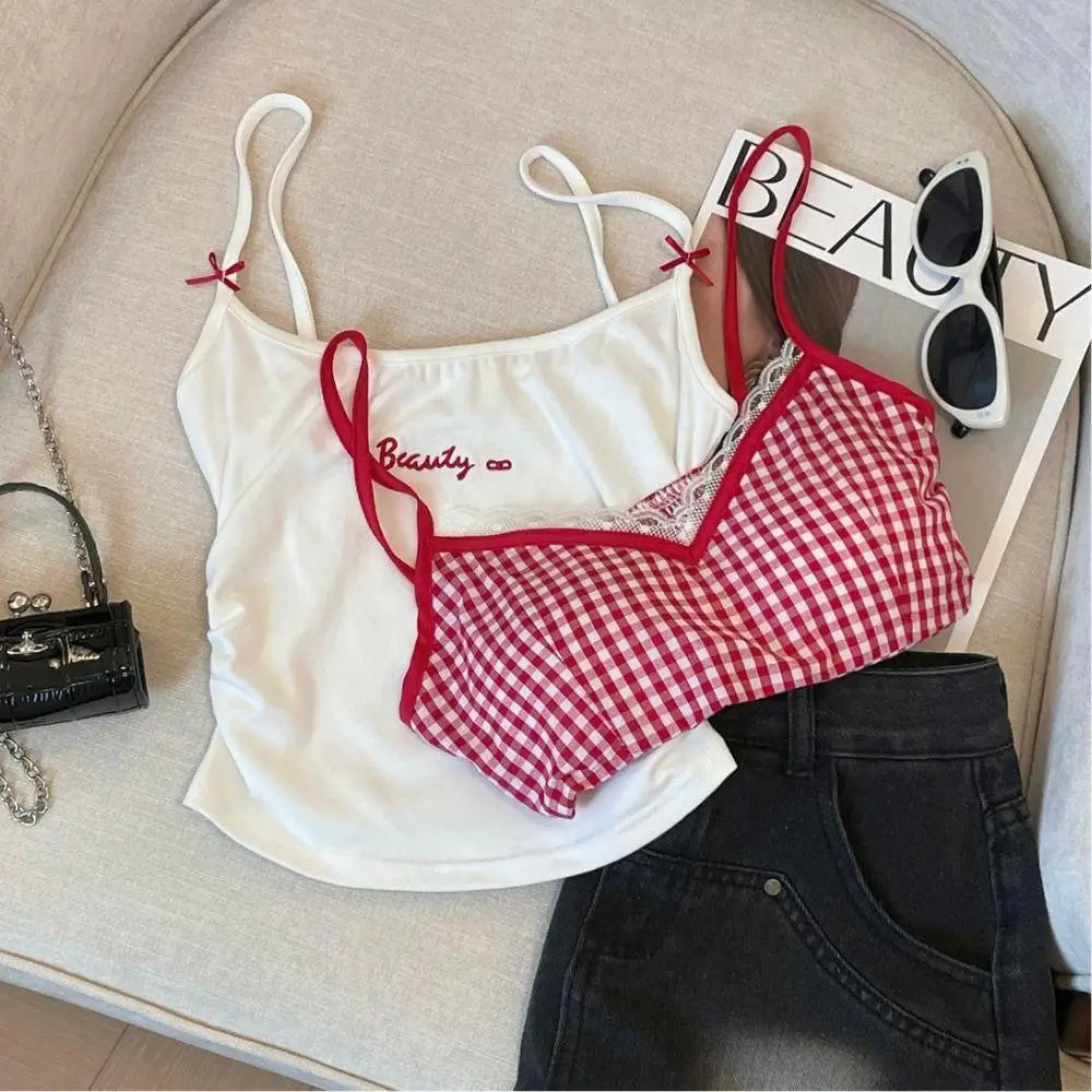 Sexy Plaid Tank Top With Chest Pad Fashion Slim Vest Women Backless Innerwear Camisole Sweet Spicy Girl Women Summer Top 2025