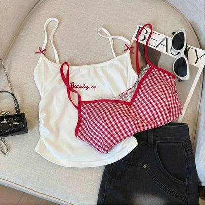 Sexy Plaid Tank Top With Chest Pad Fashion Slim Vest Women Backless Innerwear Camisole Sweet Spicy Girl Women Summer Top 2025