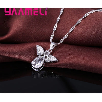 Sale Specials Cute Angel Shape Jewelry Sets Crystal 925 Sterling Silver Color Pendant Necklace And Earring Set Lady Birthday