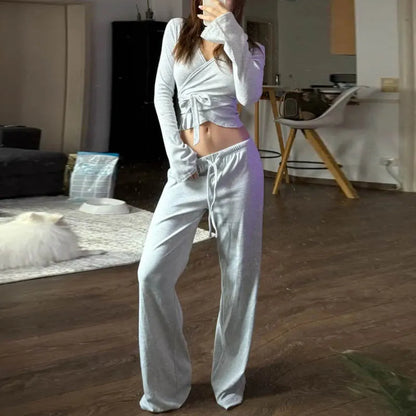 Women Fashion Lounge Set Vintage 2 Piece Outfit V Neck Waist Tie T-shirt + Elastic Waist Pants Autumn Long Sleeve Crop Tops