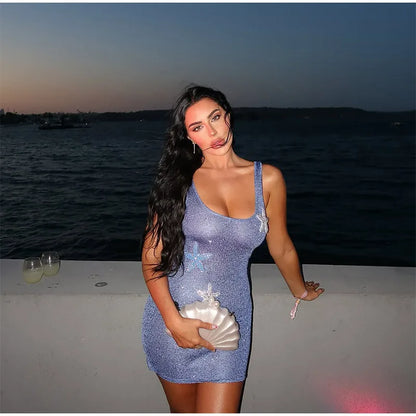 Prined Casual Women Star Mini Dress Fashion Sling Sleeveless Backless Pleat High Waist Robe 2025 New Female Beach Vacation Wear