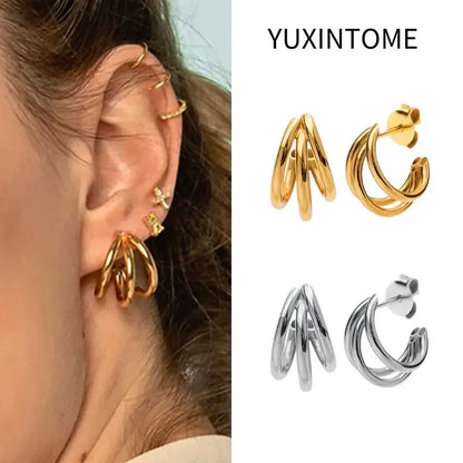 925 Sterling Silver Ear Needle Vintage C Shape Earrings For Women Triple Open Circle Piercing Stud Earrings Fashion Jewelry