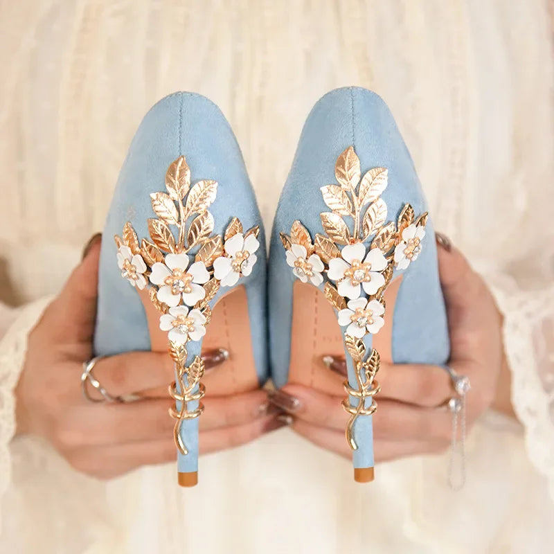 EtherealBe elegant blue flower embellished women's heels with floral details and gold accents
