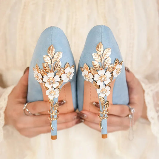 EtherealBe elegant blue flower embellished women's heels with floral details and gold accents