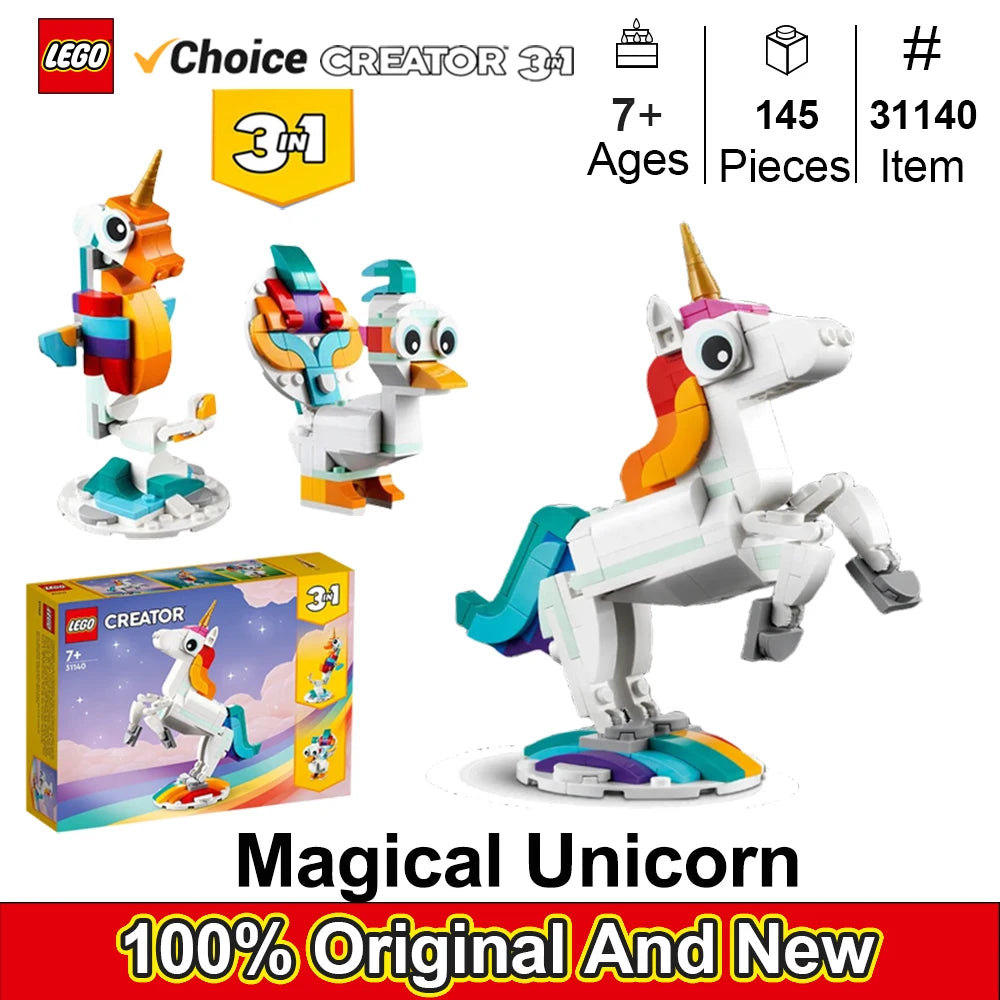 Lego 31140 Creator 3 in 1 Magical Unicorn Toy, Transforms from Unicorn to Seahorse to Peacock, Rainbow Animal Figures  145 PCS