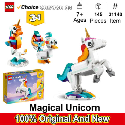 Lego 31140 Creator 3 in 1 Magical Unicorn Toy, Transforms from Unicorn to Seahorse to Peacock, Rainbow Animal Figures  145 PCS