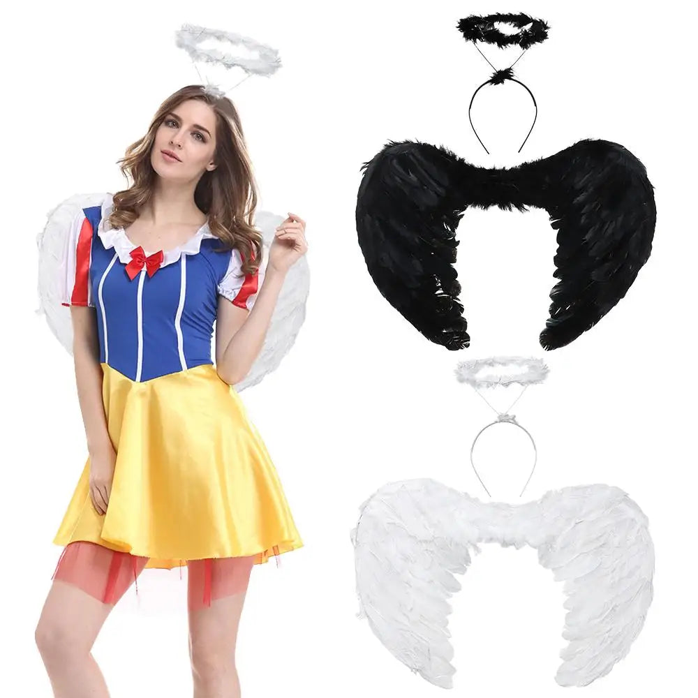 EtherealBe angel wings halo costume set with black and white wings and matching halos
