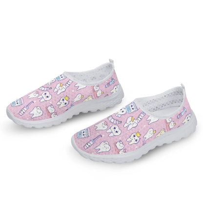 INSTANTARTS Cartoon Dental Loafers Pink Tooth Print Comfortable Breathable Shoes Medical Nurse Shoes Women's Slip On Shoes Flat