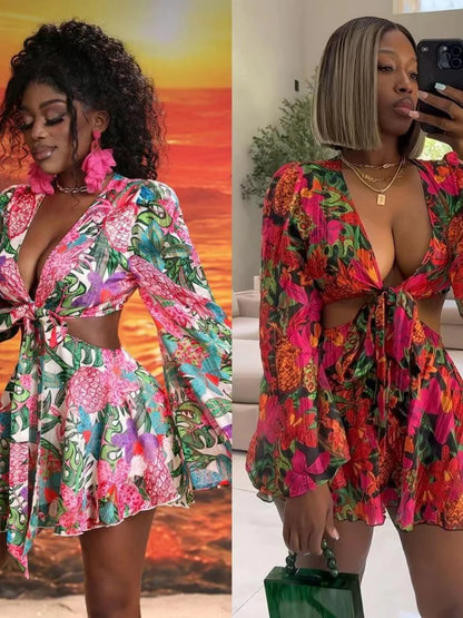 Two Piece Sets Women Skirt Set Print Floral Matching Sets V Neck Flare Sleeve Top Short Skirts Dress Sets Lace Up High Waist