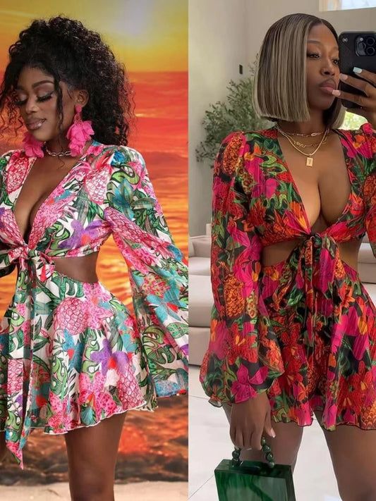 Two Piece Sets Women Skirt Set Print Floral Matching Sets V Neck Flare Sleeve Top Short Skirts Dress Sets Lace Up High Waist