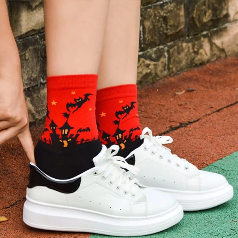 Halloween Harajuku Characteristic Couple Socks Funny Bat Pumpkin Lantern Wizard Ghost Print Men's Women's Middle Tube Socks