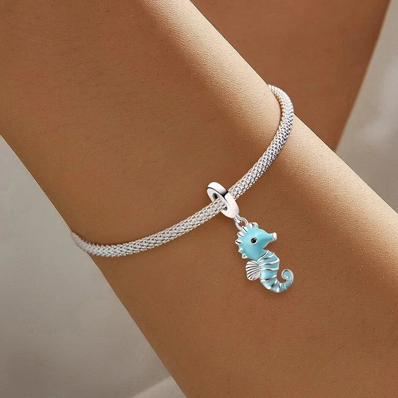 925 Sterling Silver Jellyfish Seahorse Blue Ocean Series Charms Beads Fit Diy Bracelet Making Gift of Fine Jewelry for Womens