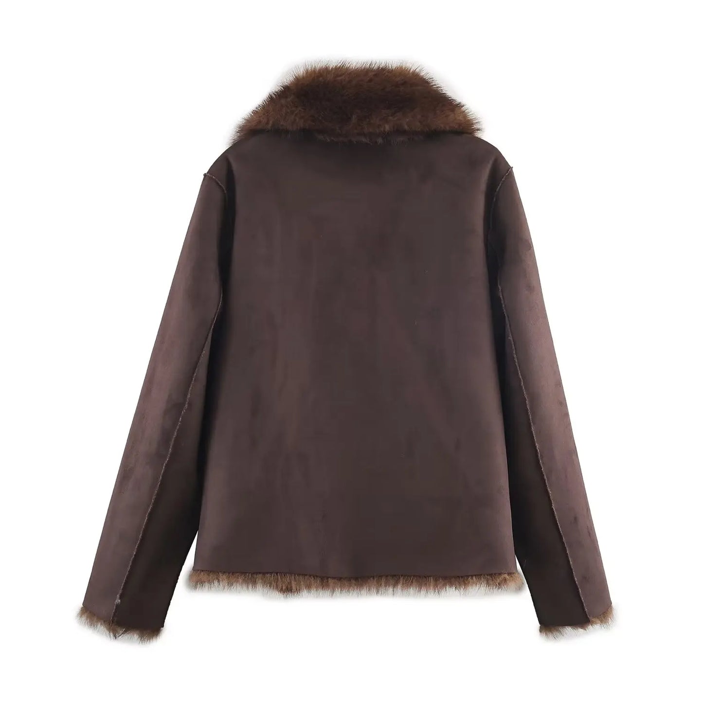 HH Winter Woman Elegant Casual Warm Coat Women Lapel Buttons Pocket Long Sleeves Outwear Reversible Faux Fur Effect Jacket