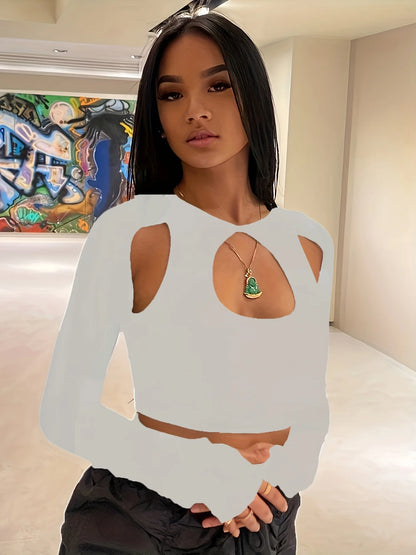 Spring and Summer Europe and the United States Hot New Street Selling Pure Color Round-necked Long-sleeved Hollow Midriff Shor