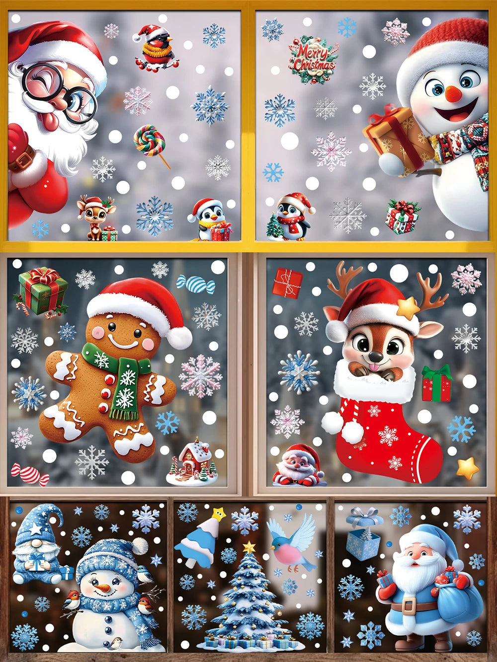 Christmas Window Static Clings Snowman Santa Claus Snowflake Reindeer Cute Xmas Decoration Decal Sticker Home Ornaments Supplies
