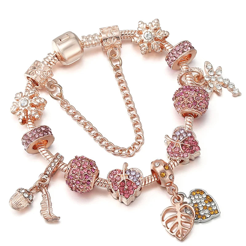 Spring Style Charms Bracelets For Women With Snake Chain Pink Daisy DIY Charms Beads Pendants Fashion Jewelry Dropshipping