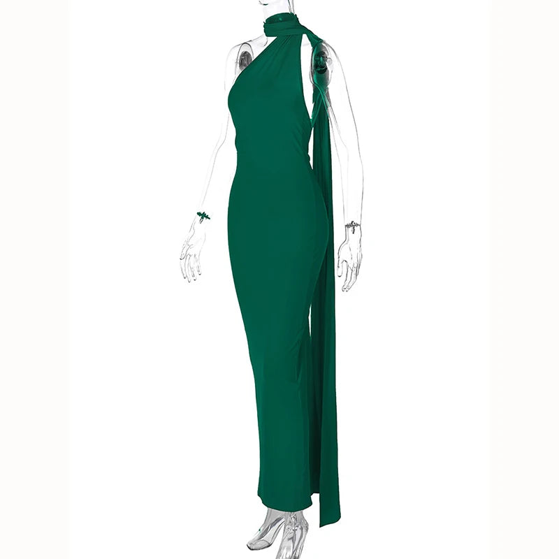 Hugcitar One Shoulder Backless Adjustable Scarf Loop Ruched Sexy Maxi Dress 2025 Women Elegant Y2K Streetwear Festival Outfit