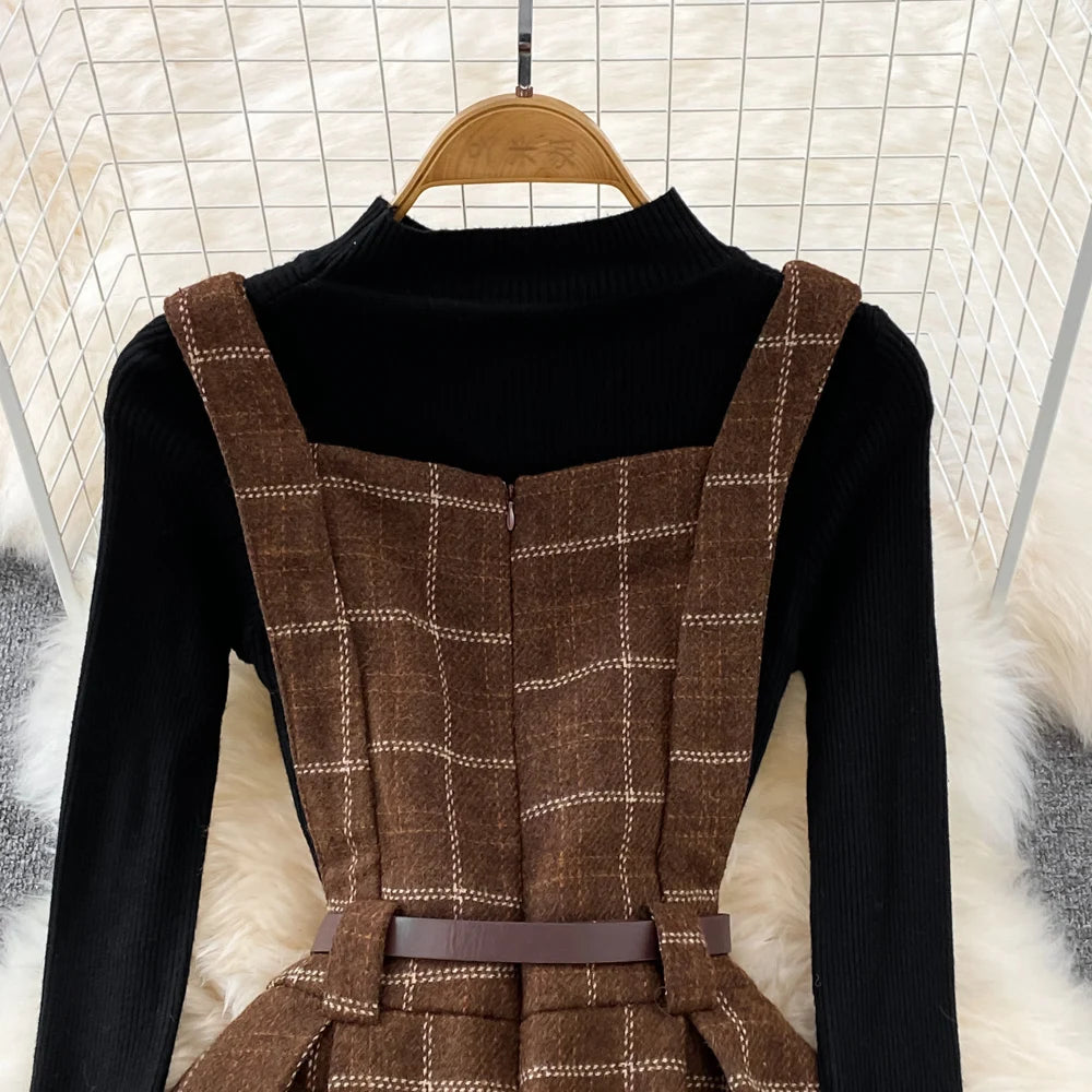 High Quality Fall Winter Women Sweater Overalls Dress Sets Casual Knitted Tops +Plaid Woolen Dress 2 Piece Sets Outfits Female