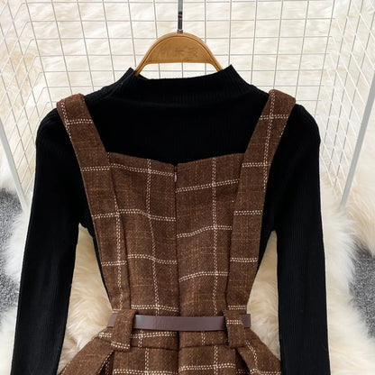 High Quality Fall Winter Women Sweater Overalls Dress Sets Casual Knitted Tops +Plaid Woolen Dress 2 Piece Sets Outfits Female