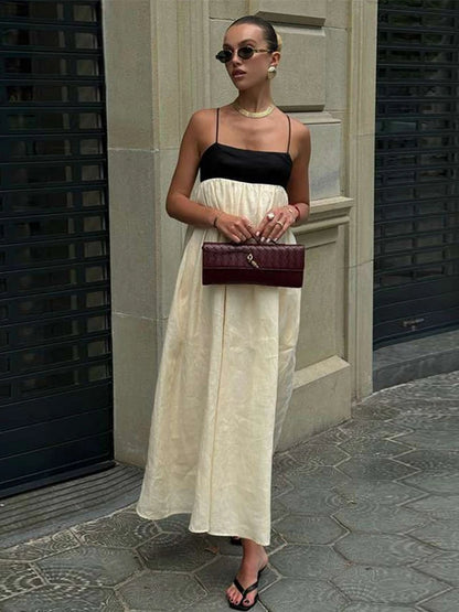 Contrast Loose Sling Women Dresses Sleeveless Backless Square Collar Female Dress 2024 Fashion High Waist Summer Sexy Lady Robe
