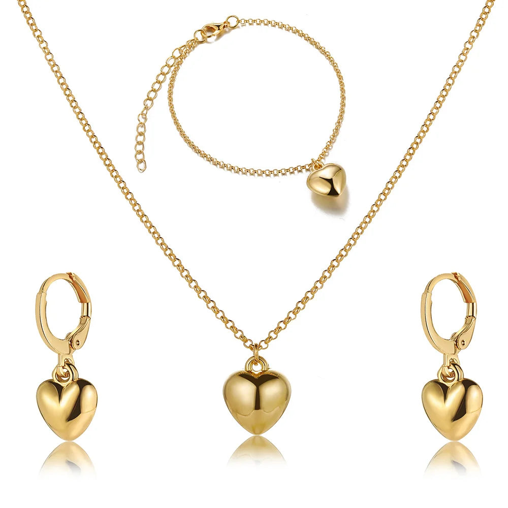 Exquisite Heart Earrings Necklace Women's Bracelet Fashion Simple Romantic Pendant Gold Color Jewelry Set 2023 New Trendy Gifts