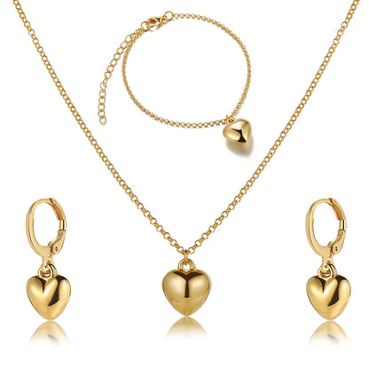 Exquisite Heart Earrings Necklace Women's Bracelet Fashion Simple Romantic Pendant Gold Color Jewelry Set 2023 New Trendy Gifts