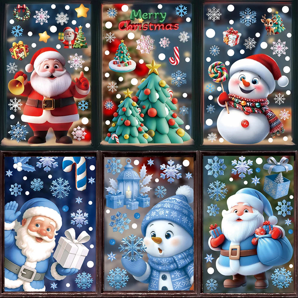 Christmas Window Static Clings Snowman Santa Claus Snowflake Reindeer Cute Xmas Decoration Decal Sticker Home Ornaments Supplies