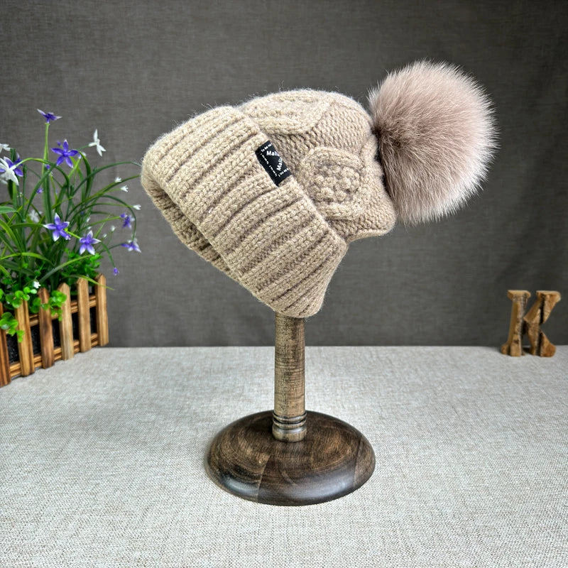2024 New Women's hats High quality Fur pompom hat Beanies Winter Hats for women Fashion Hat bonnet Female Twist pattern caps