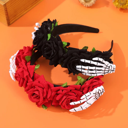 EtherealBe Halloween skeleton hand headband adorned with red and black roses for festive celebrations