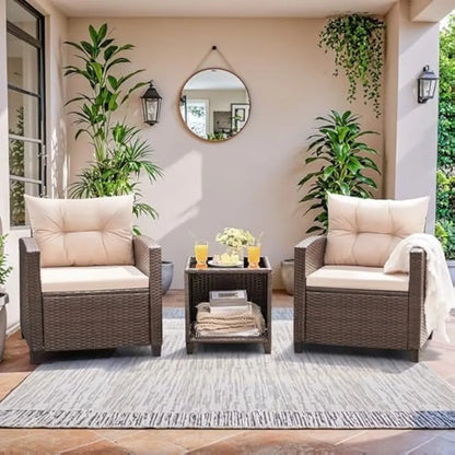 3 Pieces Patio Furniture Set, PE Rattan Wicker Patio Set with, Patio Chairs and Table for Porch, Garden Poolside Balcony