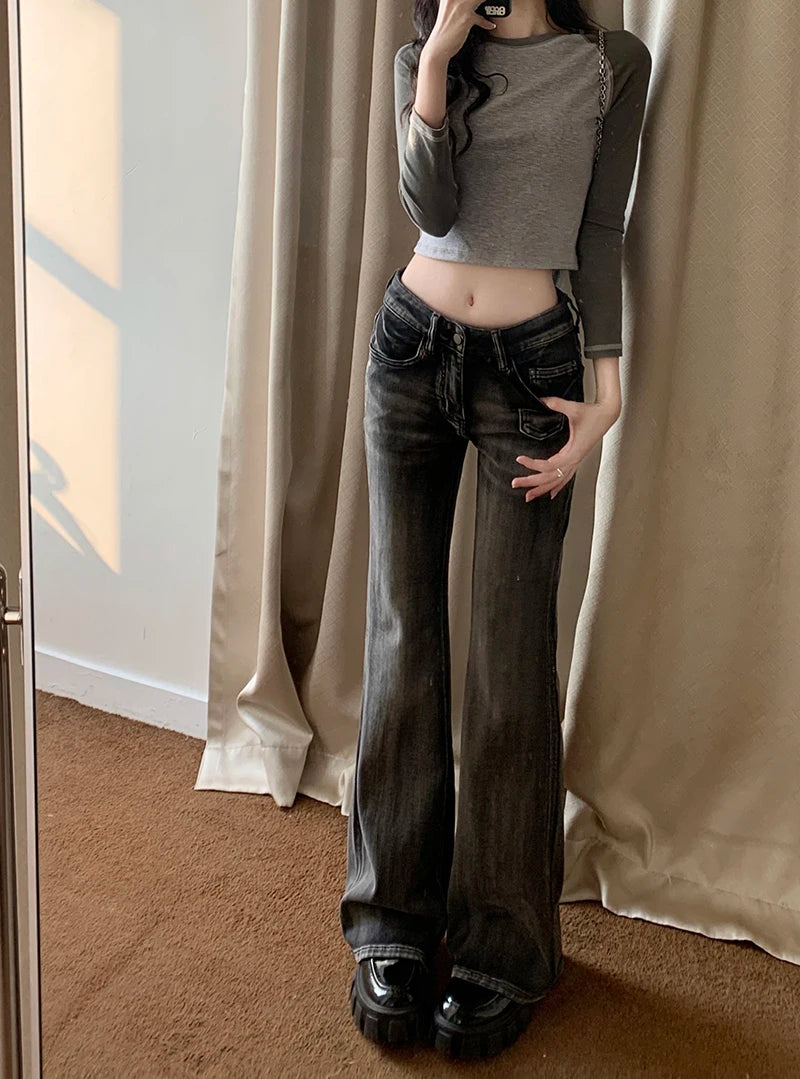 Women Gothic Y2k Flare Jeans Harajuku Baggy Denim Trousers 90s Aesthetic Low Waist Jean Pants Vintage 2000s Trashy Clothes 2024