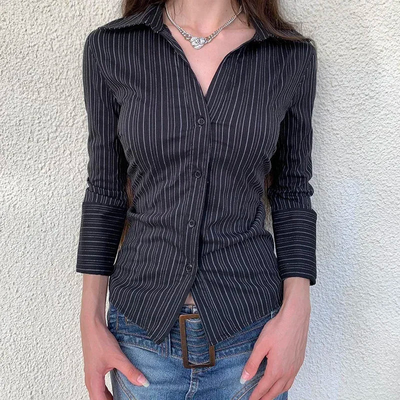 Y2K Black Striped Long Sleeve Button Up Shirt Autumn Elegant Casual Turn-down Collar Blouse Office Lady Women T-shirt