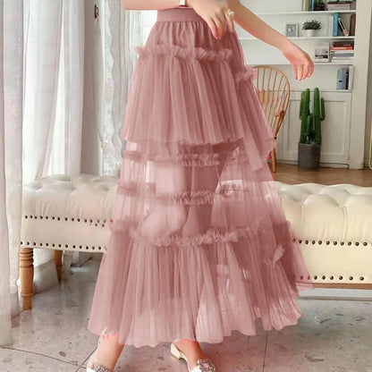 Skirts For Party 2024 Women's Long Summer Tulle Skirt Elegant High Waist Cocktail Party Wedding Flared Hem Dance Skirt for Girls