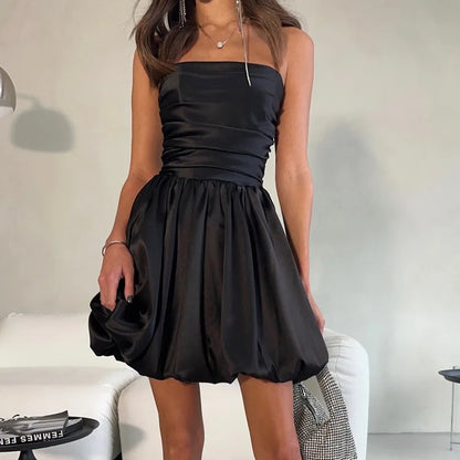 White Pleated Mini Dress For Women Bandeau Slim Patchwork Backless Elegant Fashion Dress Solid Female Party Dress 2024 New
