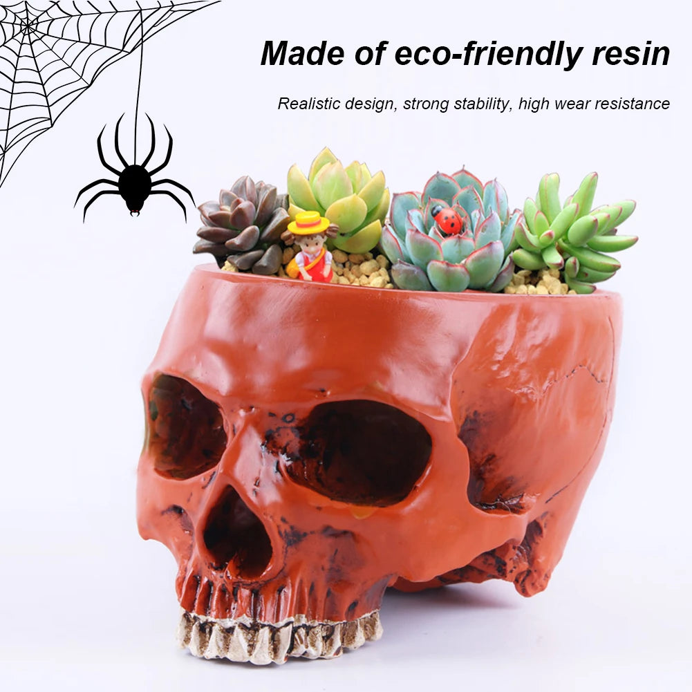Resin Skull Flower Pot Home Garden Office Decor Planter Container Skeleton Desktop Flower Pot Halloween Skeleton Flowerpot