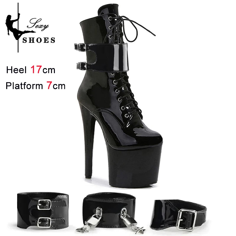 New Sexy Red Fetish Zip Women's Boots T Show Lock Belt Buckle Club Party Ankle Boots Thin High Heels Laces Stripper Heels Boots