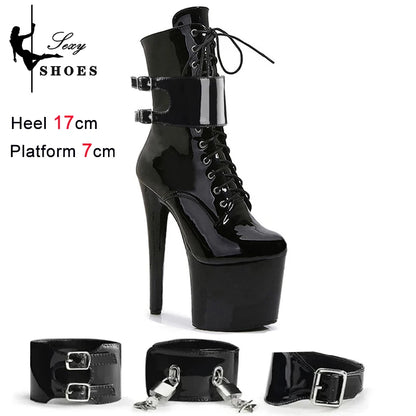 New Sexy Red Fetish Zip Women's Boots T Show Lock Belt Buckle Club Party Ankle Boots Thin High Heels Laces Stripper Heels Boots