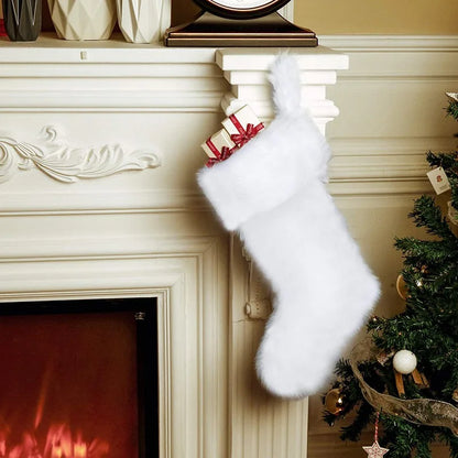 Large White Christmas Stockings Plush Socks Gifts Candy Bag Xmas Tree Pocket Hanging Ornament New Year Christma Decorations