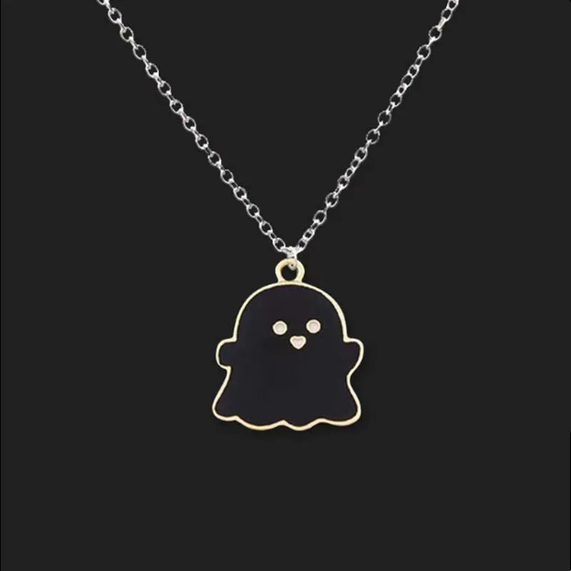 EtherealBe Halloween ghost pendant necklace in gold and black design, perfect for Halloween outfits