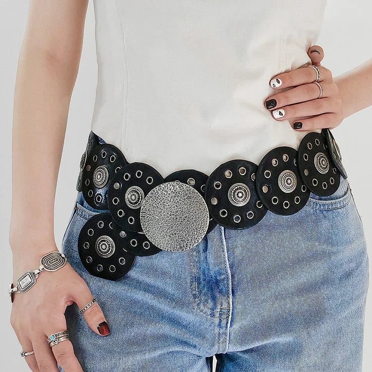 Women's Western Denim Belt High Quality Metal Hollow Ladies Trend Wide Waistband Vintage Personalized Round Belts DT148