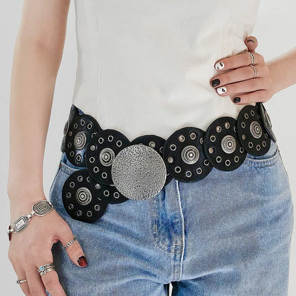 Women's Western Denim Belt High Quality Metal Hollow Ladies Trend Wide Waistband Vintage Personalized Round Belts DT148
