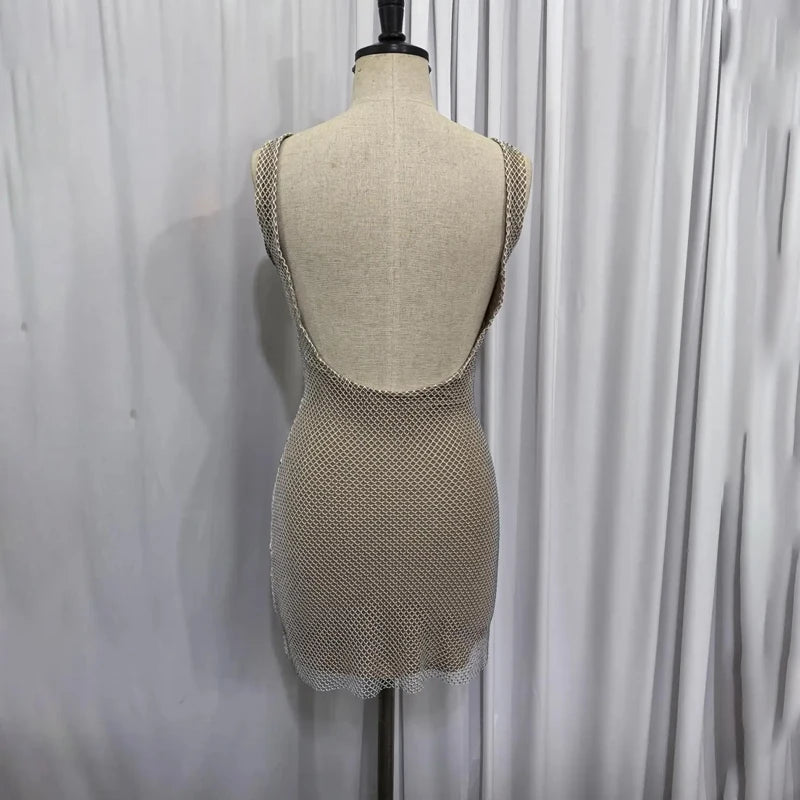 NIDANSSI 2025 Diamonds Glitter Backless Sexy Dress For Women Robes Evening Club Party Dress Bodycon Mini Summer Dress Vestidos