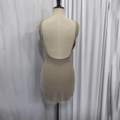 NIDANSSI 2025 Diamonds Glitter Backless Sexy Dress For Women Robes Evening Club Party Dress Bodycon Mini Summer Dress Vestidos