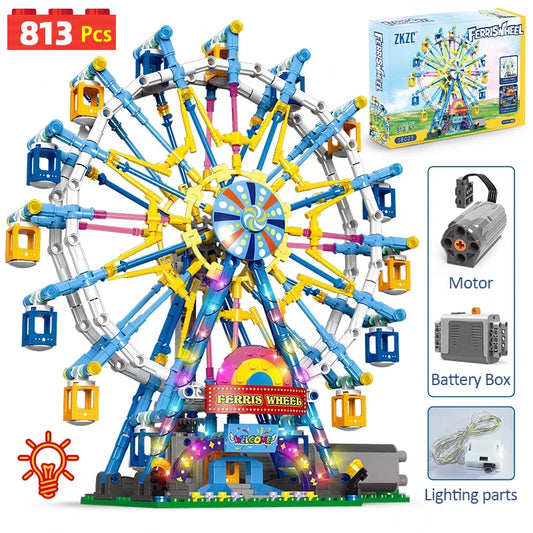 ZKZC City Friends MOC Rotating Ferris Wheel Building Blocks Electric Bricks with Light Toys for Children Christmas Gifts