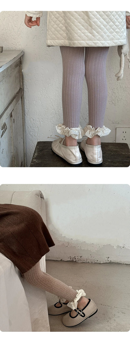 Autumn Baby Girls Leggings Ribbed Pants Cotton Lace Cuff  Toddler Kid Leggings Striped Casual Pants Kids Outfits Trousers