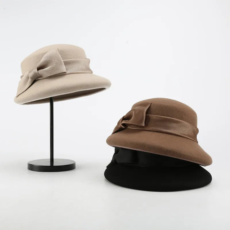 FS Fashion Warm Wool Felt Women's Fedoras Simple Chic Hats Bowknot Bucket Cap Ladies Top Hat Vintage Caps For Women